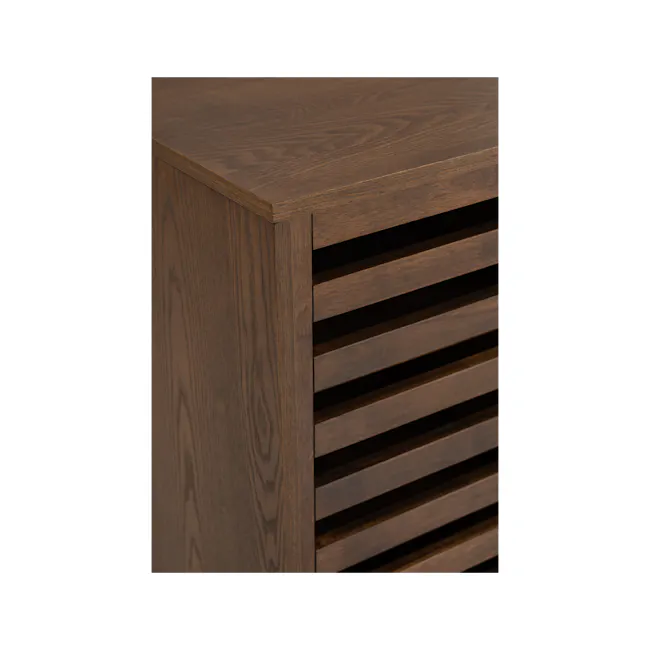 Keita Shoe Cabinet - Walnut - 5 - Wooden side table with sleek design, dark wood finish, horizontal slats, minimalist