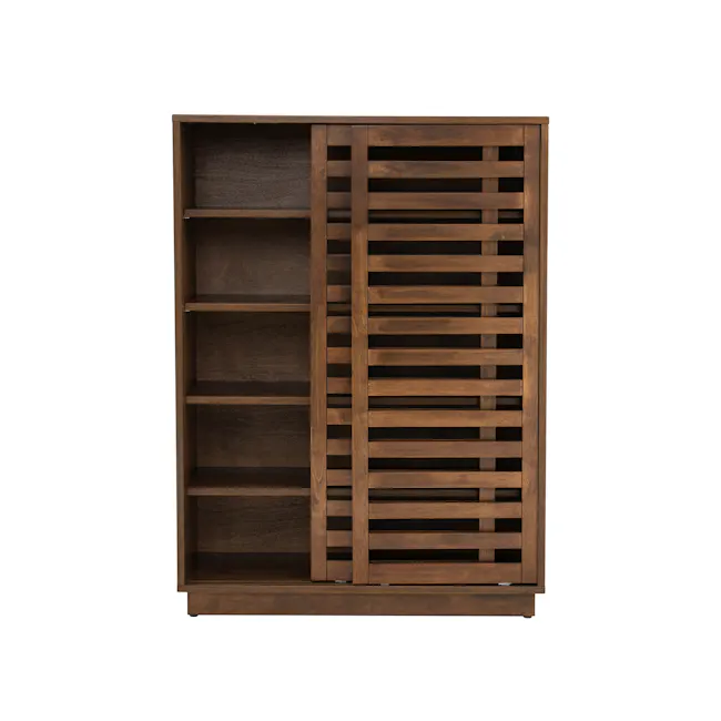 Keita Shoe Cabinet - Walnut - 2 - Wooden shelf, minimalist design, dark wood finish, open shelving, vertical slats