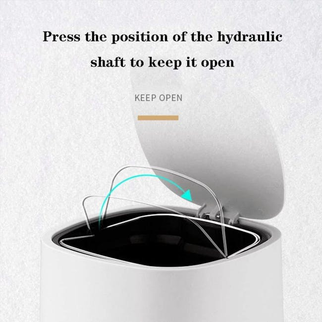 R&R Pedal Trash Can - Black - 7 - Hydraulic shaft, open position, instructional guide, text overlay, sleek design