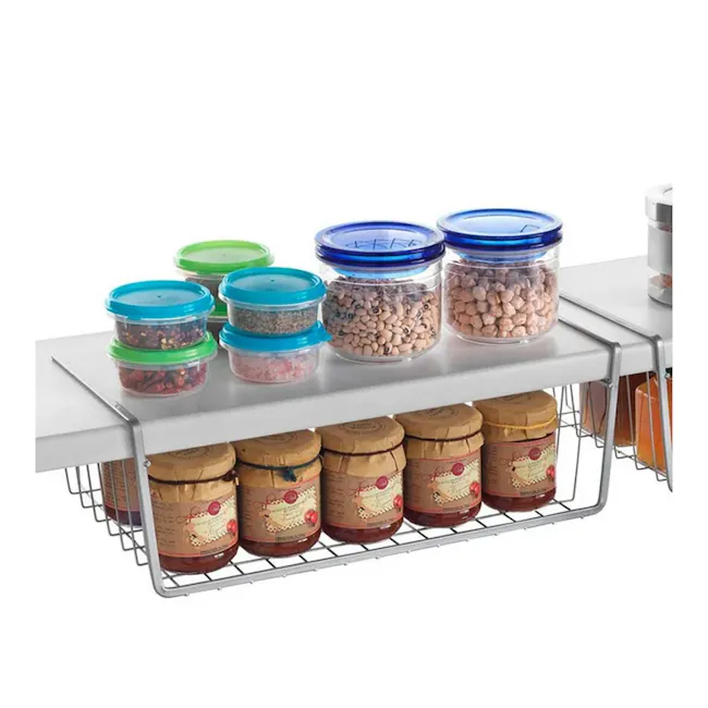 Metaltex Kanguro Medium Undershelf Hanging Basket - Silver - 2 - Clear plastic containers with blue lids, neatly organized