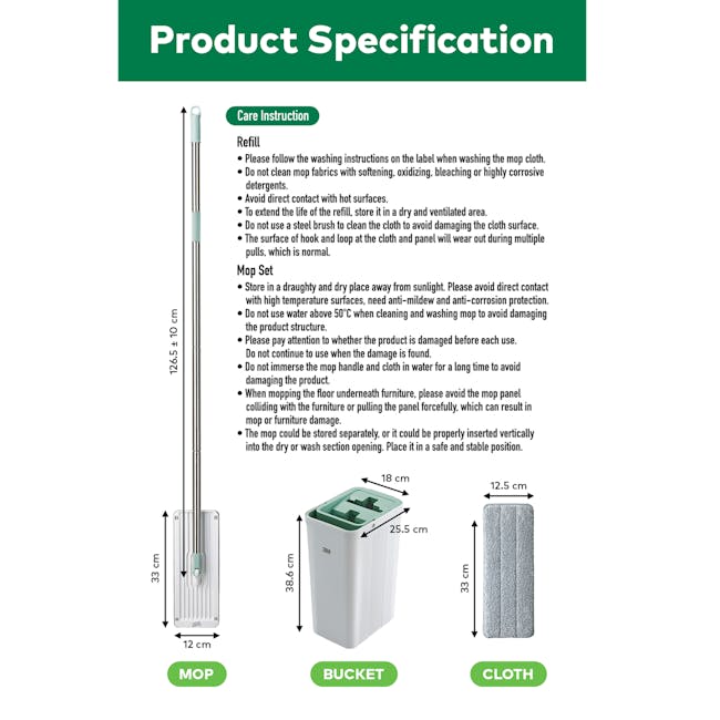 3M™ Scotch-Brite™ Compact Hands-Free Flat Mop with Bucket - 11 - Refill, Care Instruction, Mop Set, Store in a dry place