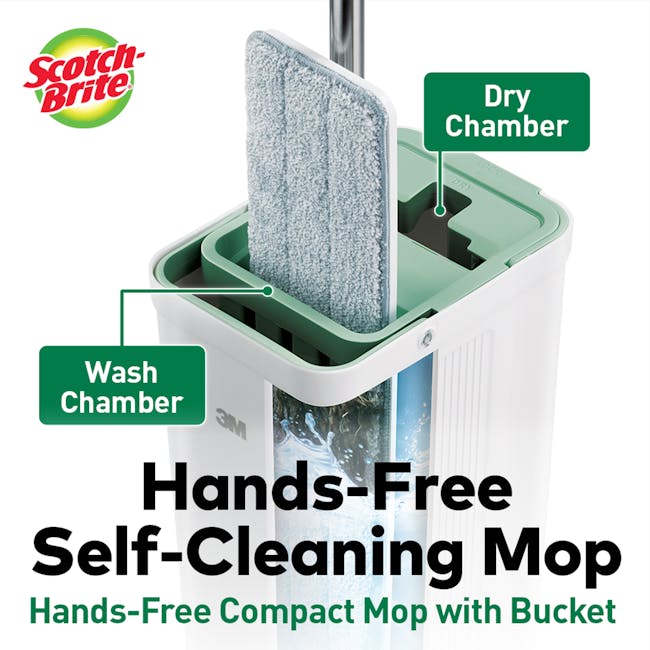 3M™ Scotch-Brite™ Compact Hands-Free Flat Mop with Bucket - 14 - Scotch-Brite, hands-free self-cleaning mop, compact mop