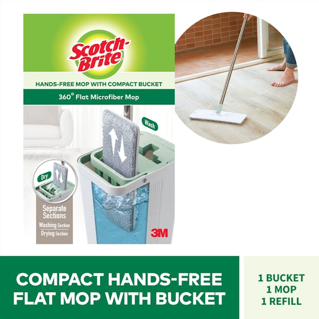 3M™ Scotch-Brite™ Compact Hands-Free Flat Mop with Bucket - 26 - Hands-free mop with compact bucket, 360° flat microfiber