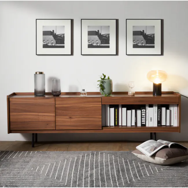 Fjord High Pile Rug - Dark Symmetry (2 Sizes) - 9 - Wooden sideboard, minimalist design, black and white framed pictures