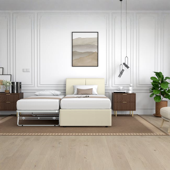 Excel Super Single Trundle Bed - Cream (Faux Leather) - 7 - Modern minimalist bedroom, neutral color palette, white walls