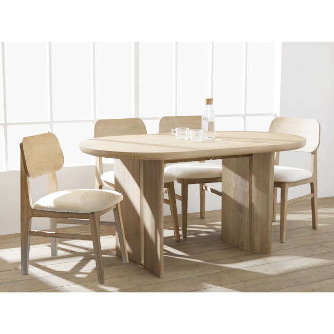 Catania Dining Chair - 2 - Light wood dining table, minimalist chairs, natural sunlight, soft shadows, wooden floor, round