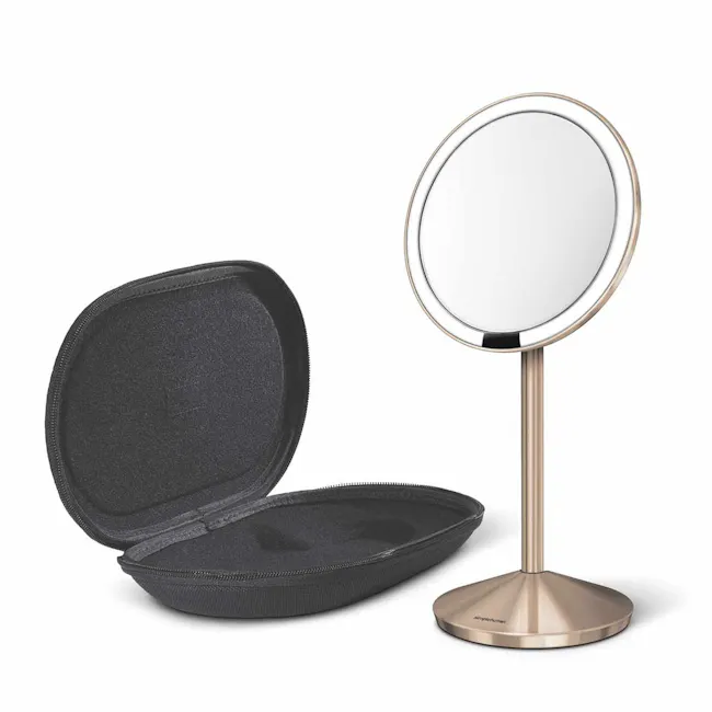 simplehuman Mini Sensor Mirror 5'' Round - Rose Gold - 3 - Round mirror with black interior, open and closed, sleek design