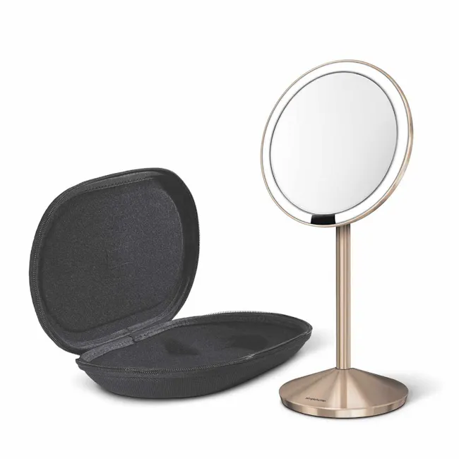 simplehuman Mini Sensor Mirror 5'' Round - Rose Gold - 3 - Round mirror with black interior, open and closed, sleek design
