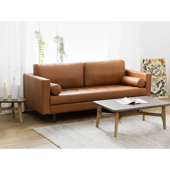 Nolan 3 Seater Sofa - Penny Brown (Premium Aniline Leather) - 2 - Brown leather sofa, white curtains, hanging plant, beige