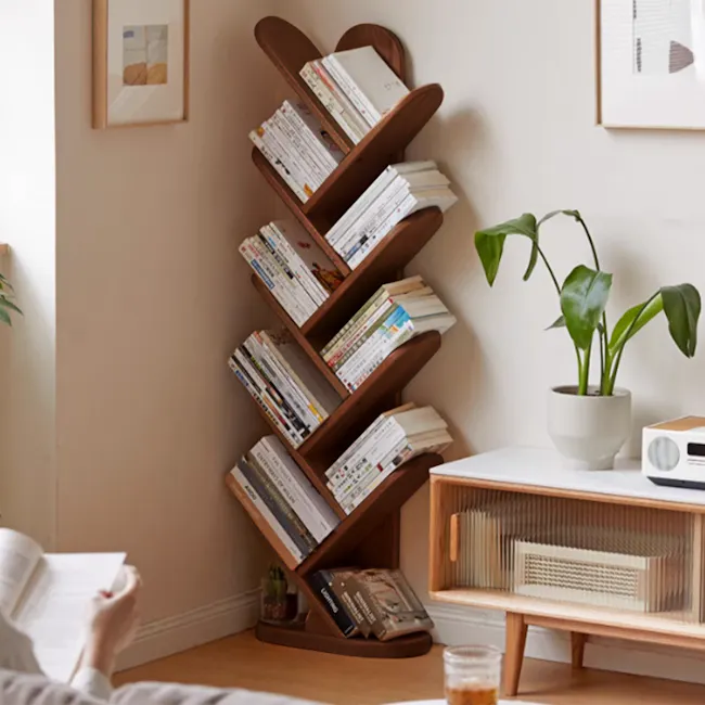 Tresa 10-tier Display Bookshelf - Walnut - 2 - Wooden bookshelf, neatly organized books, indoor plant, cozy room, modern