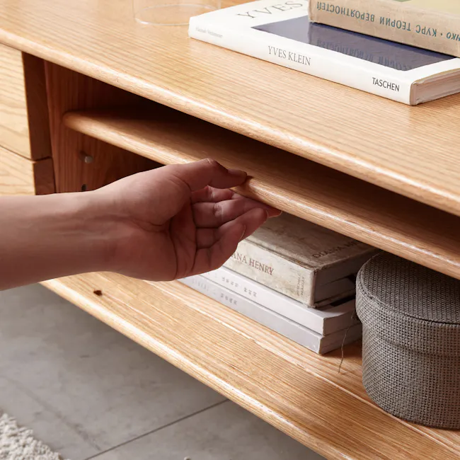Beau TV Console 1.5m - Oak - 4 - Wooden shelf, books, hand opening drawer, natural wood texture, minimalist design, soft