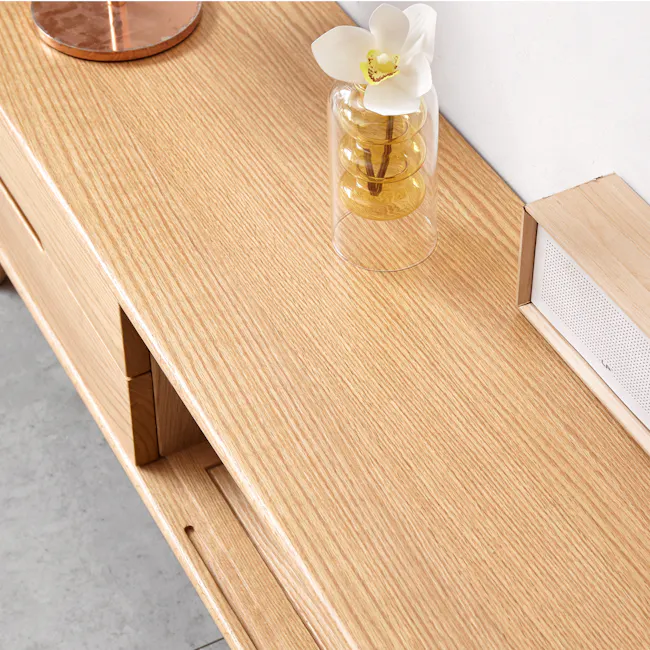 Beau TV Console 1.5m - Oak - 5 - Wooden surface, orchid in glass vase, white orchid with yellow center, clear glass vase
