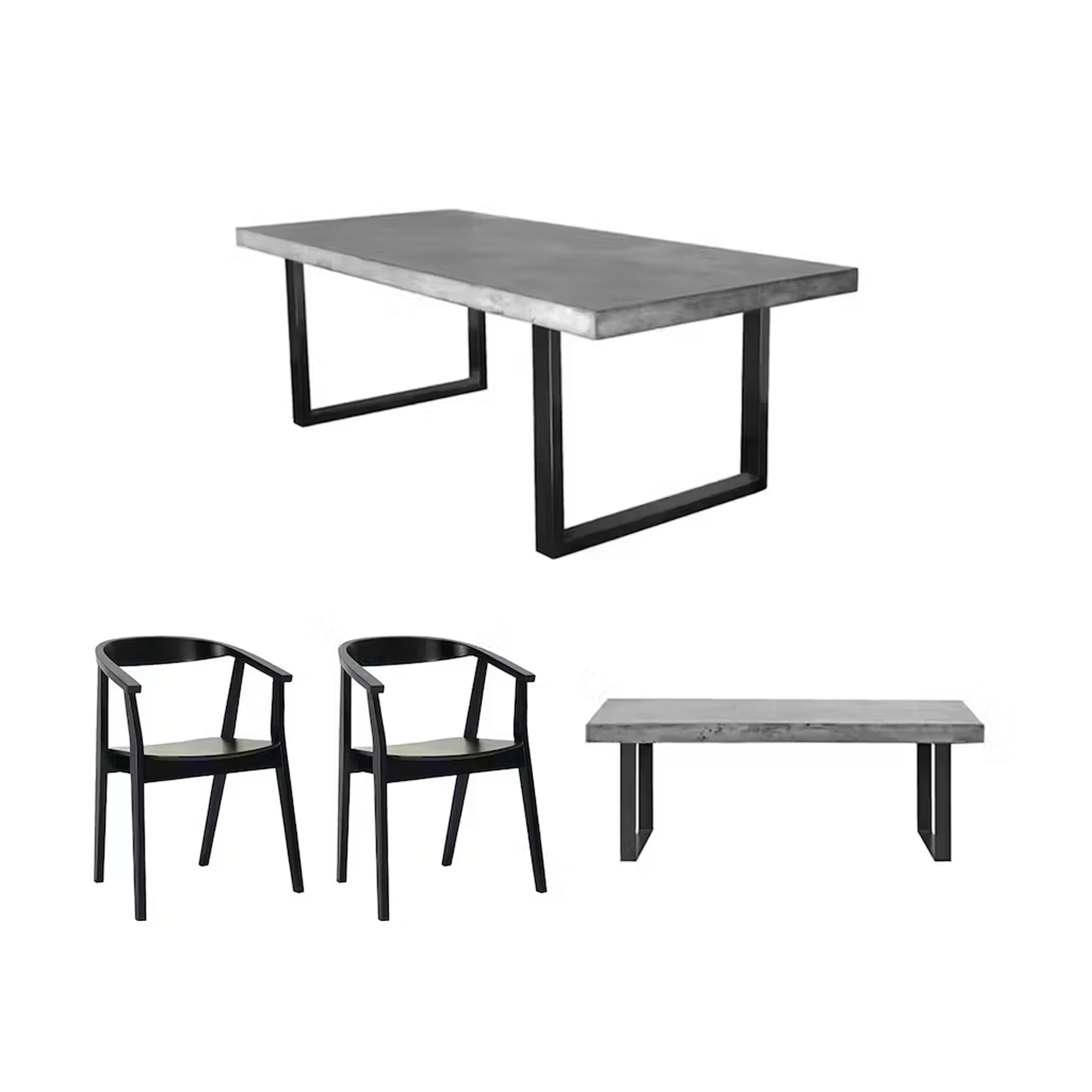 Titus Concrete Dining Table 1.6m with Titus Concrete Bench 1.4m and 2 Greta Chairs in Black - Titus Concrete Dining Table 1.6m with Titus Concrete Bench 1.4m and 2 Greta Chairs in Black