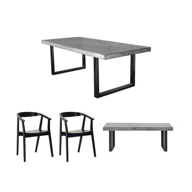 Titus Concrete Dining Table 1.6m with Titus Concrete Bench 1.4m and 2 Greta Chairs in Black - 0