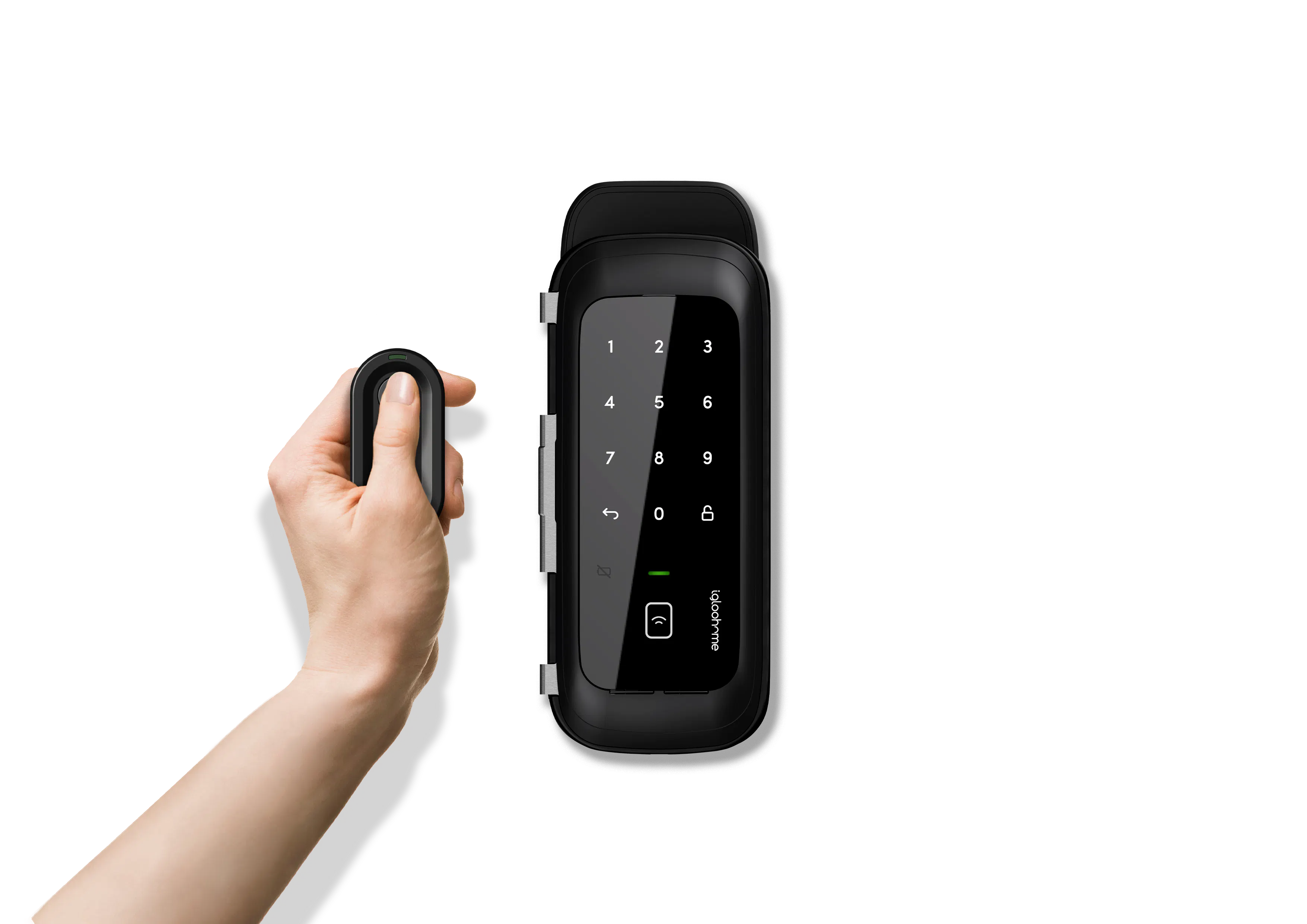 igloohome Glass Door Lock - 10 - Digital keypad interface, Hand interacting with device, Lock mechanism demonstration