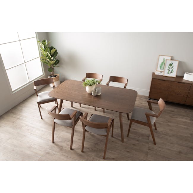 Roden Dining Table 1.8m in Cocoa with 4 Imogen Dining Chairs in Cocoa, Dolphin Grey (Fabric) - 2 - Modern dining room with