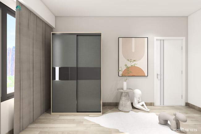 Lorren Sliding Door Wardrobe 2 with Glass Panel - Graphite Linen, Herringbone Oak - 9