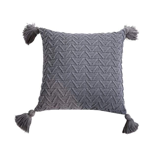 Elly Knitted Cushion Cover with Tassels - Grey - 0