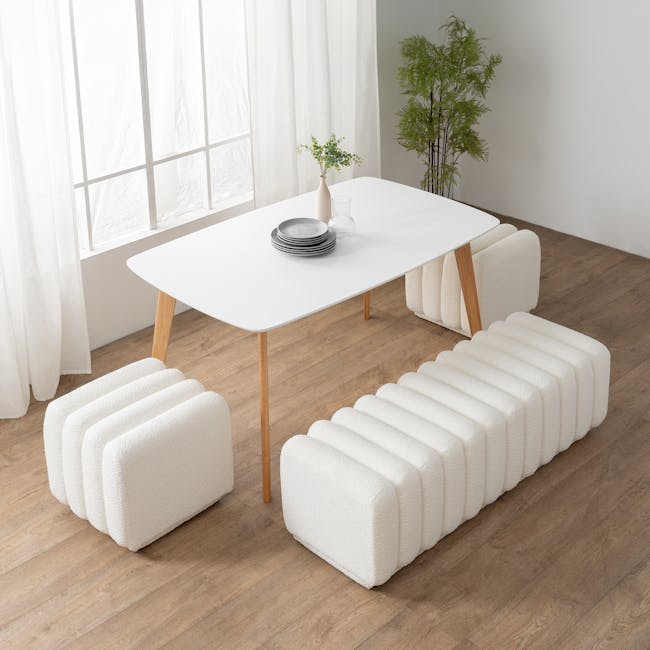 Cosmo Bench 1.4m - White Boucle - 4 - White modern furniture set, minimalist design, white and beige cushions, wooden legs