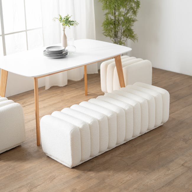 Cosmo Bench 1.4m - White Boucle - 3 - White modern minimalist furniture, white textured cushions, wooden floor, contemporary