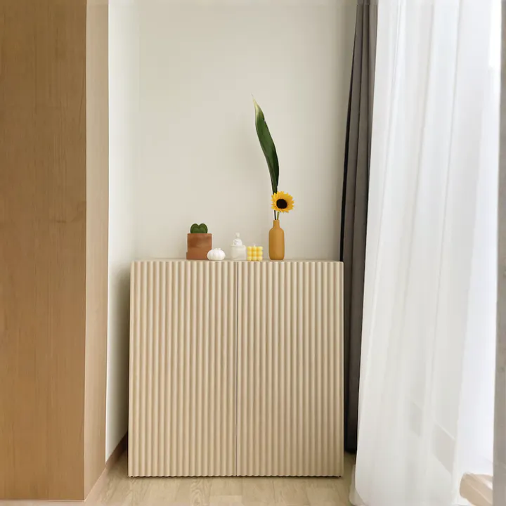 Heidi Tall Cabinet 1.2m - Oak - 10 - vibrant green plant, minimalist decor, wooden cabinet, beige textured surface, vertical
