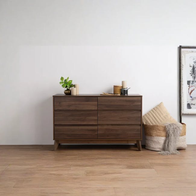 Herschel 6 Drawer Chest 1.2m - Walnut - 2 - Wooden dresser, minimalist design, dark wood finish, sideboard, wooden legs
