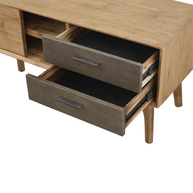 Hudson TV Console 2m - 11 - Wooden desk drawer, minimalist design, natural wood finish, textured surface, metal handles