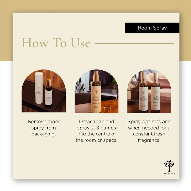 Pristine Room Spray 100ml - Maldives Villa (Marriot) - 5 - Remove room spray from packaging, detach cap and spray 2-3 pumps