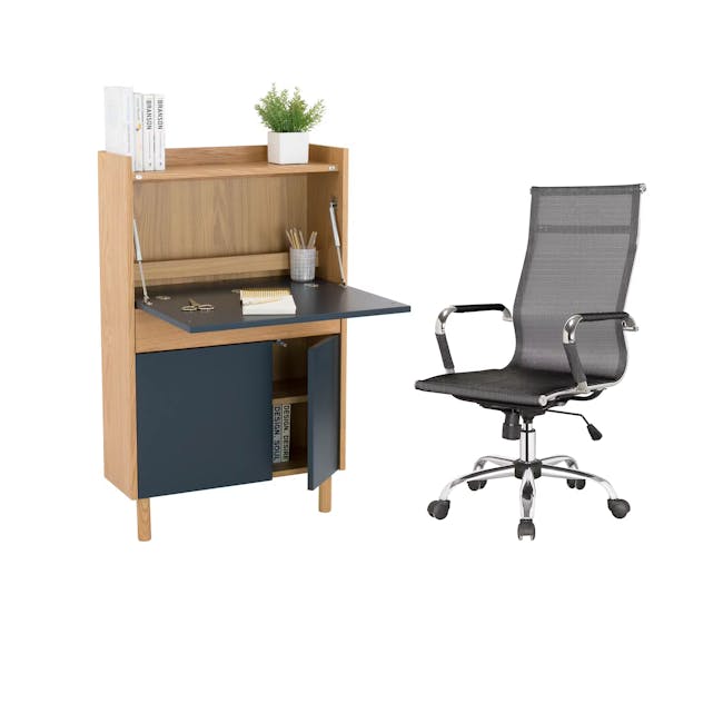 Barton Study Table 0.7m - Oak, Space Blue with Elias High Back Mesh Office Chair - Black - 0