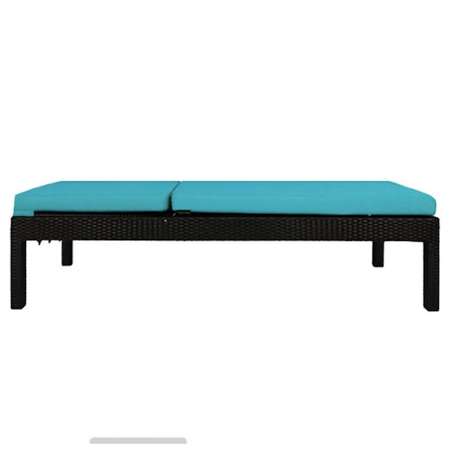 Wikiki Sunbed - Blue Cushion - 2 - Teal outdoor bench with woven frame, black metal legs, minimalist design, comfortable