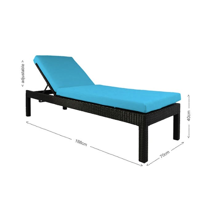 Wikiki Sunbed - Blue Cushion - 7 - Adjustable lounge chair, black wicker frame, 198 cm seat height, 70 cm backrest height