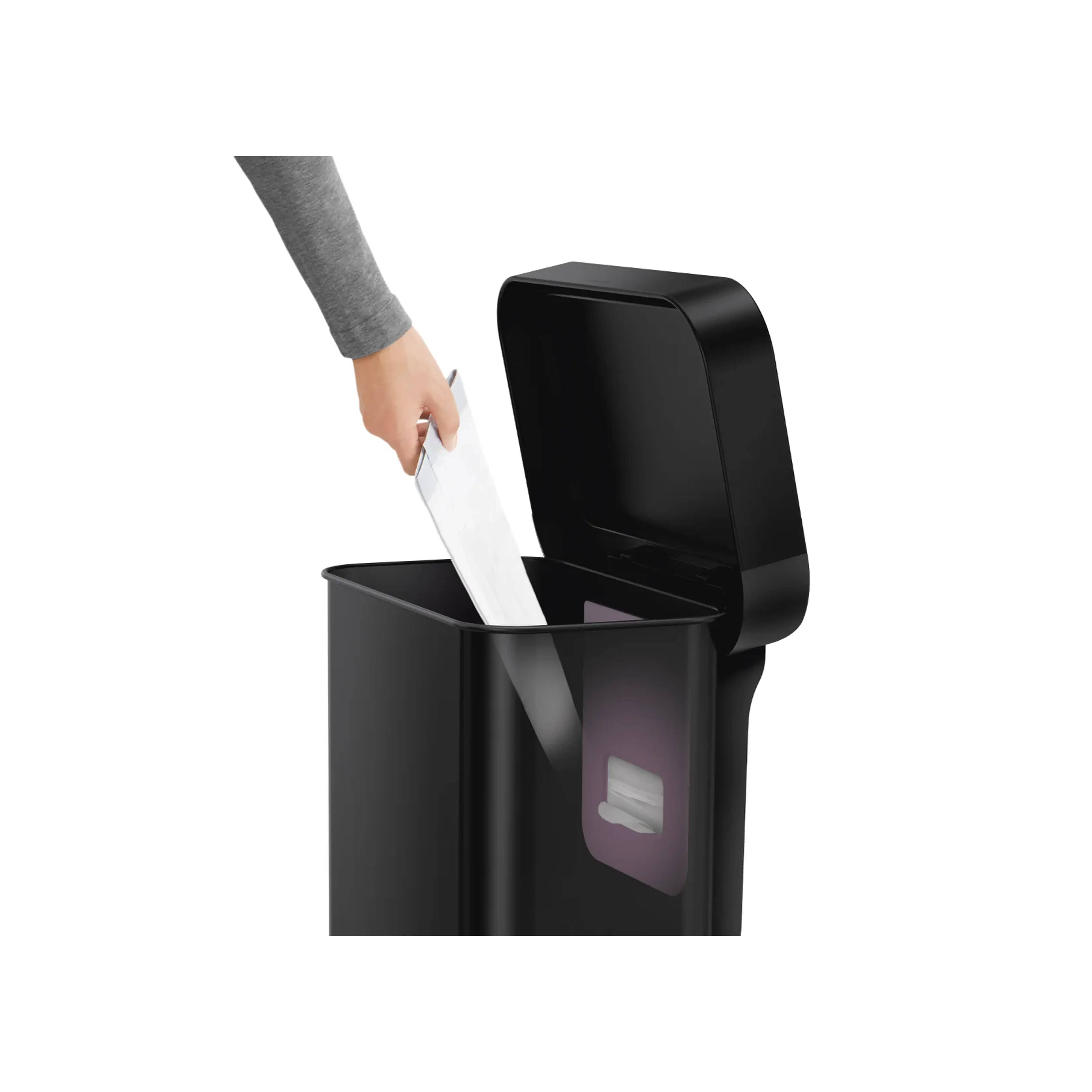 simplehuman Rectangular Step Can - Matte Black (2 Choices) - 9 - Black trash can, open lid, hand holding knife, knife blade