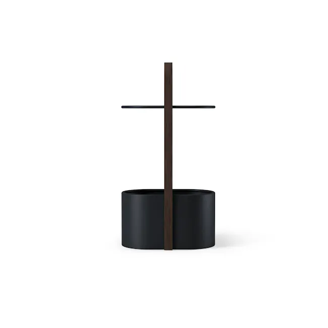 Bellwood Side Table with Storage - Black, Walnut - 11 - Modern minimalist design, dark wooden cross, sleek black cylindrical