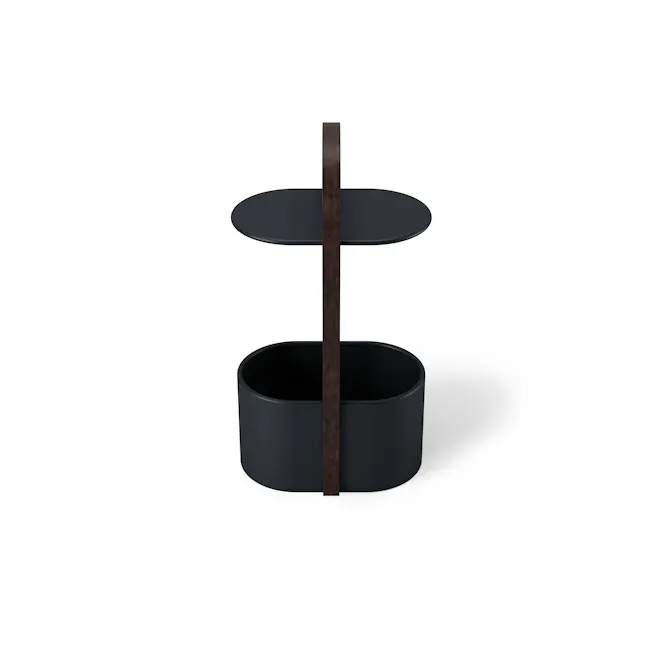 Bellwood Side Table with Storage - Black, Walnut - 9 - Dark wooden stand with two circular shelves, minimalist design, black