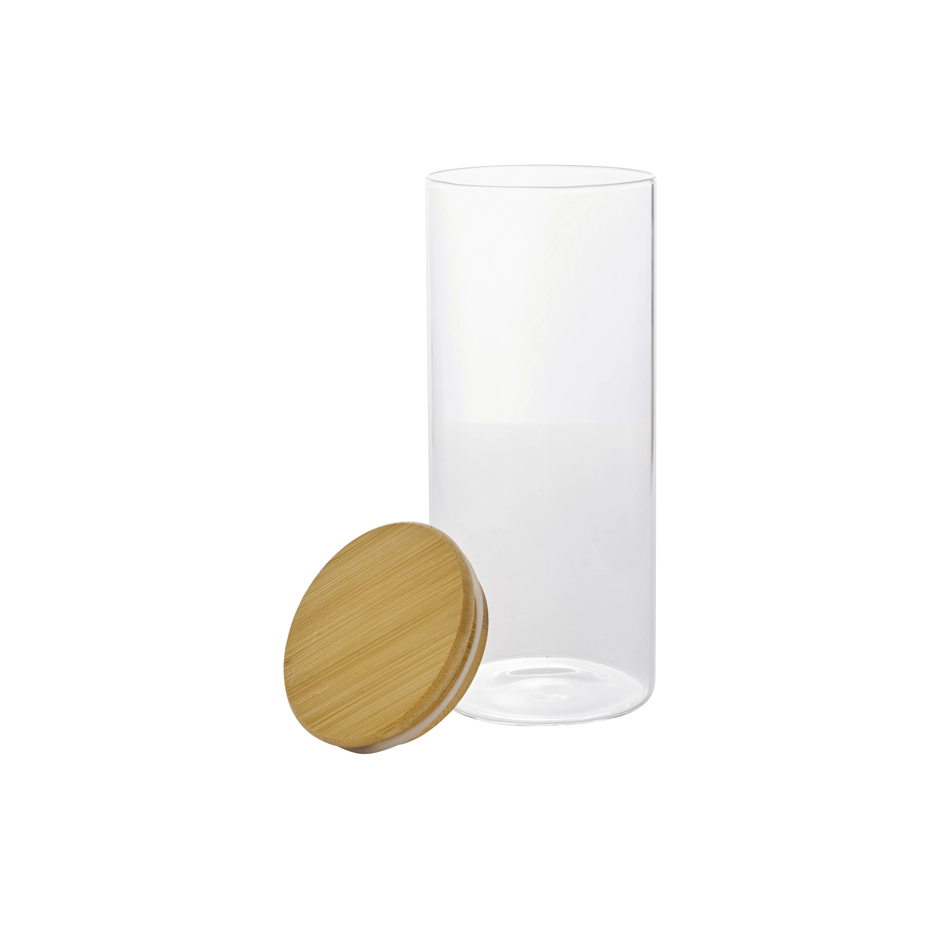 EVERYDAY Glass Jar with Bamboo Lid (Set of 3) - 9 - Clear glass, cylindrical, transparent, white liquid, pouring, wooden