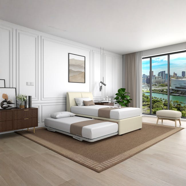 Excel Super Single Trundle Bed - Cream (Faux Leather) - 2 - Modern bedroom with two beds, minimalist decor, large window