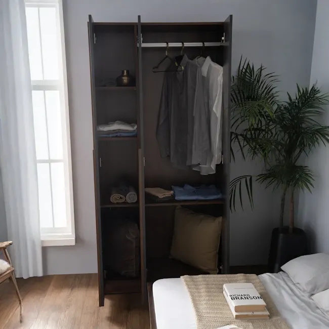 Miah 3 Door Wardrobe - Walnut, Grey - 6 - Wooden wardrobe with neatly folded clothes, open doors, dark wooden interior
