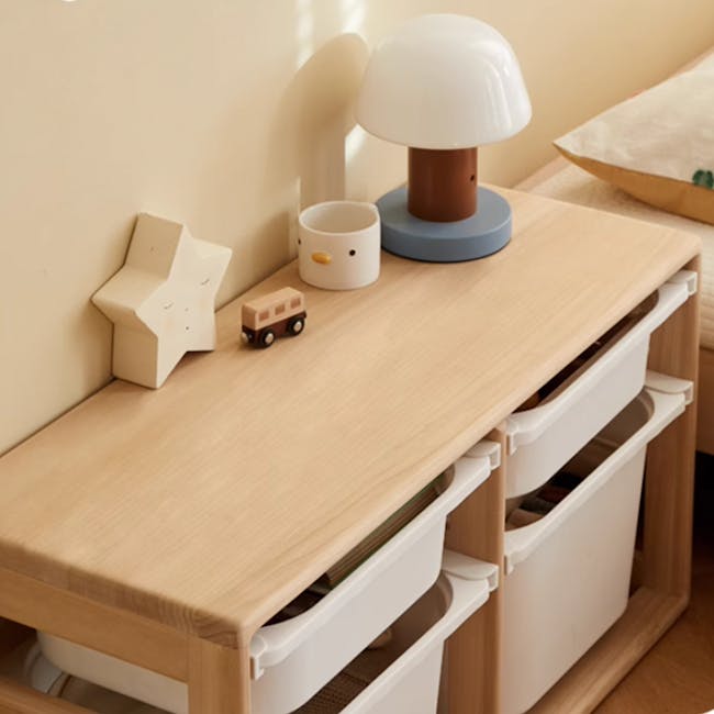 Micah Wooden Kids Toys Storage - Set of 3 - 9 - Wooden nightstand, minimalist design, small star-shaped object, white lamp