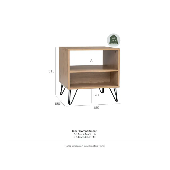 Sandra Bedside Table - Oak - 6 - Wooden sideboard, minimalist design, open shelving, 480 x 480 dimensions, 140 x 140