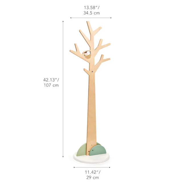 Tender Leaf Forest Coat Stand - 6 - Tall, slender tree sculpture with intricate branches, Wooden base with green and white