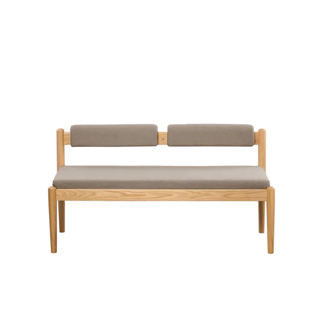 Niel Bench 1.05m - Oak, Chestnut - 10 - Wooden chair with beige cushions, minimalist design, light brown wooden frame, clean