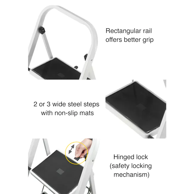 Hailo Folding Ladder 2 Step Stool - 3 - Rectangular rail offers better grip, 2 or 3 wide steel steps with non-slip mats