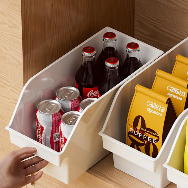 Ivy Open-Top Medium Storage Bin - White - 5 - Coca-Cola bottles, white storage bins, Coca-Cola cans, wooden shelf, organized