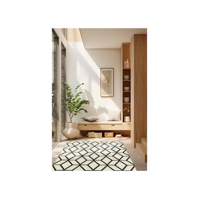 Play High Pile Rug - Trellis White (2 Sizes) - 7 - Modern minimalist living room, natural light streaming in, wooden