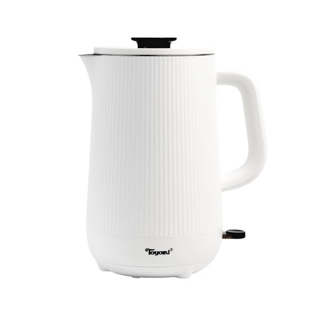 TOYOMI 1.5L Stainless Steel Cordless Kettle WK 1633 - 1 - White electric kettle with ribbed design, black handle, ergonomic