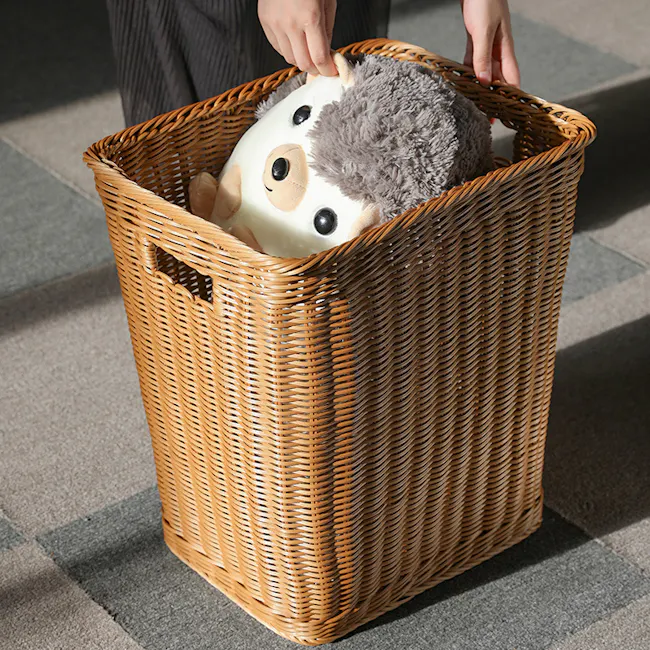 Genesis Rattan Basket - 2 - woven basket, plush toy, person's hands, laundry basket, gray fur, stuffed animal, soft toy