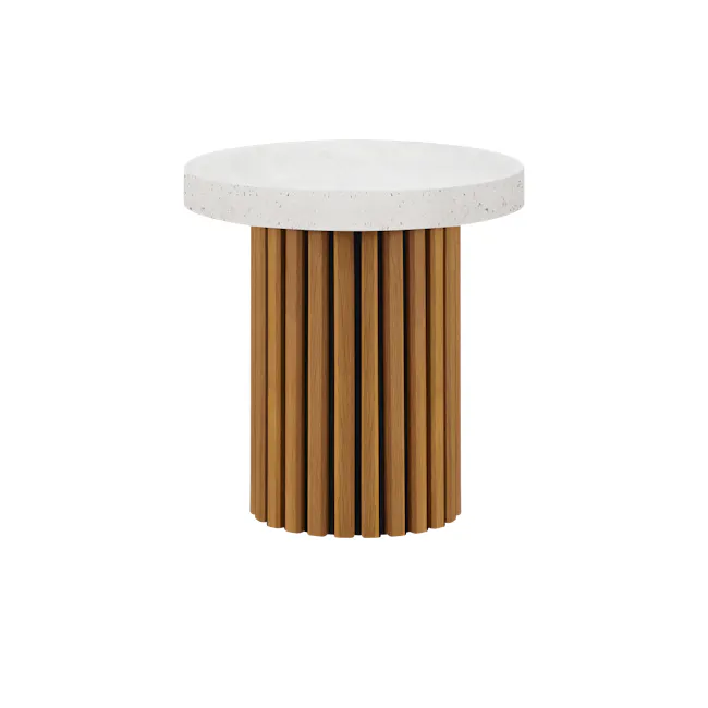 Ellie Round Terrazzo Side Table - 1 - White marble top, wooden slats, vertical design, natural wood grain, brown tones