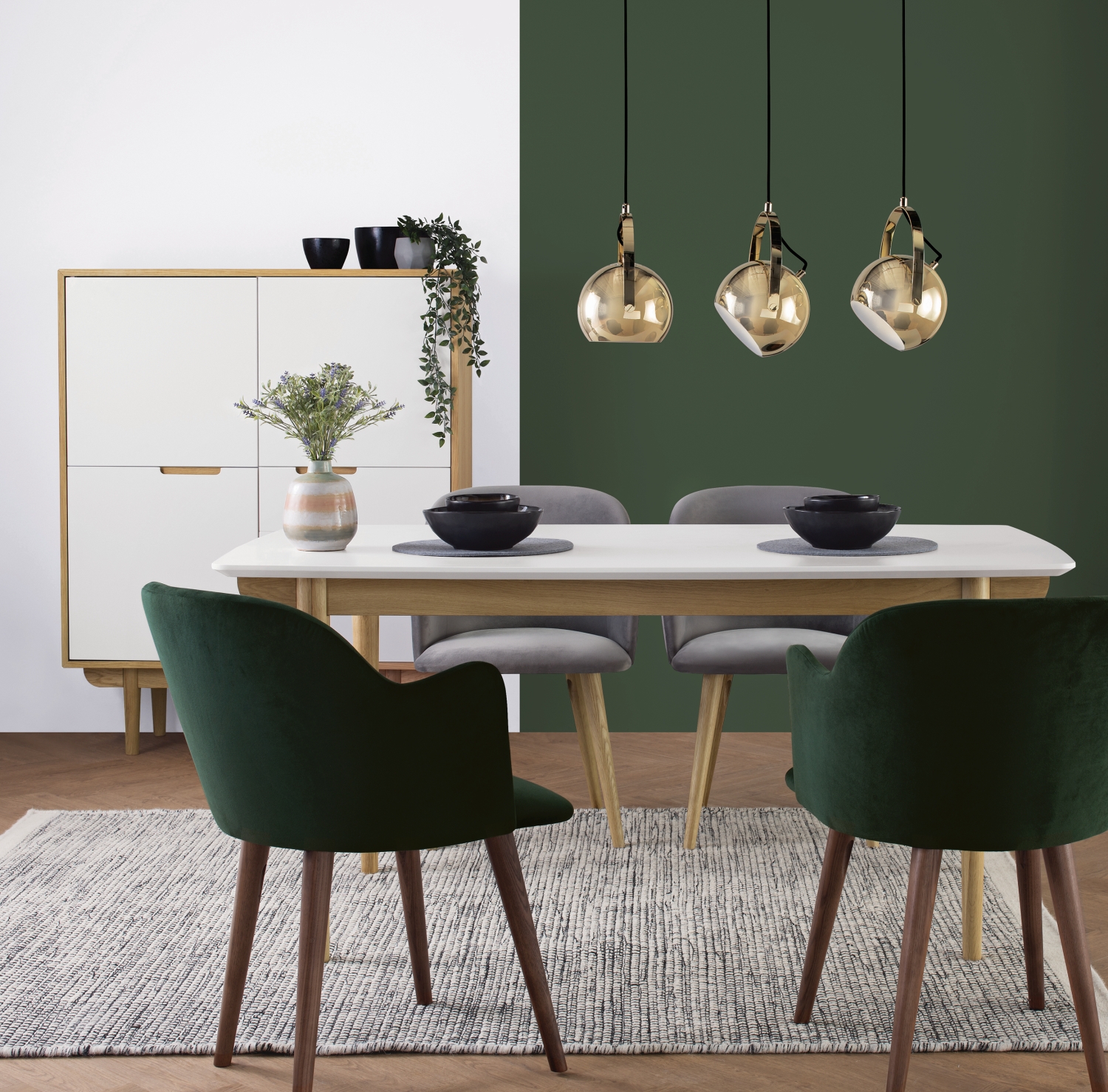 dining room table with green chairs