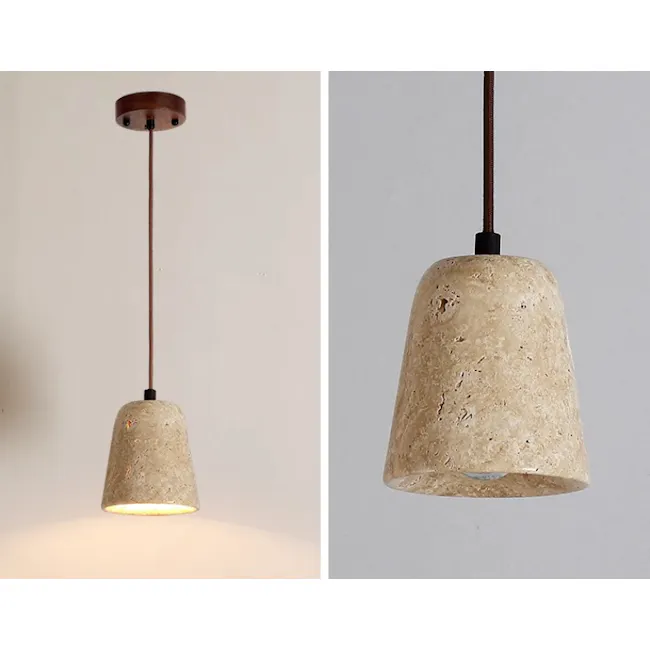 Caleb Travertine Pendant Lamp - Bell - 3 - modern pendant light, rustic concrete shade, textured fabric, copper finish