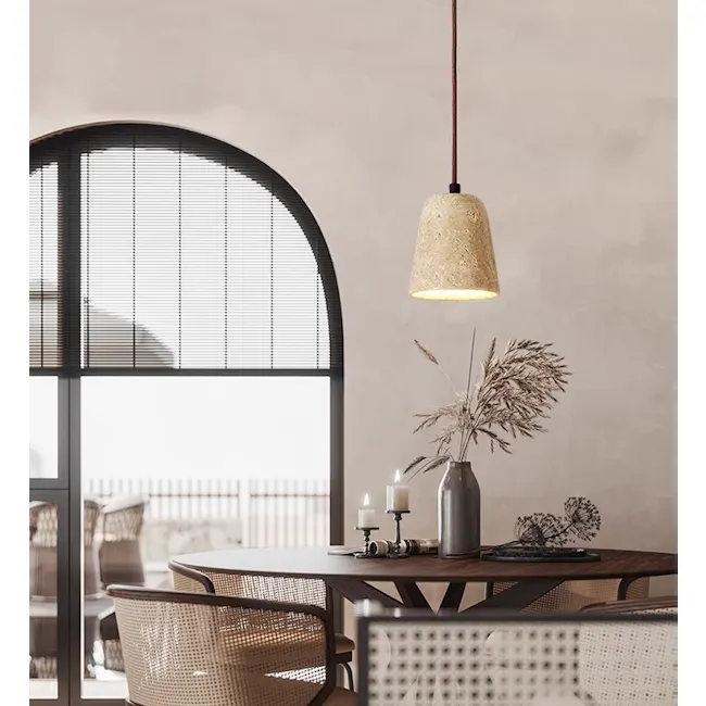 Caleb Travertine Pendant Lamp - Bell - 2 - Modern dining room with rustic charm, cozy ambiance, natural light streaming